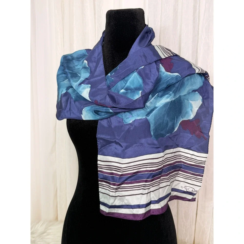 Oscar by Oscar de la Renta Silk Scarf Blue Floral Striped Square Large Poppy
